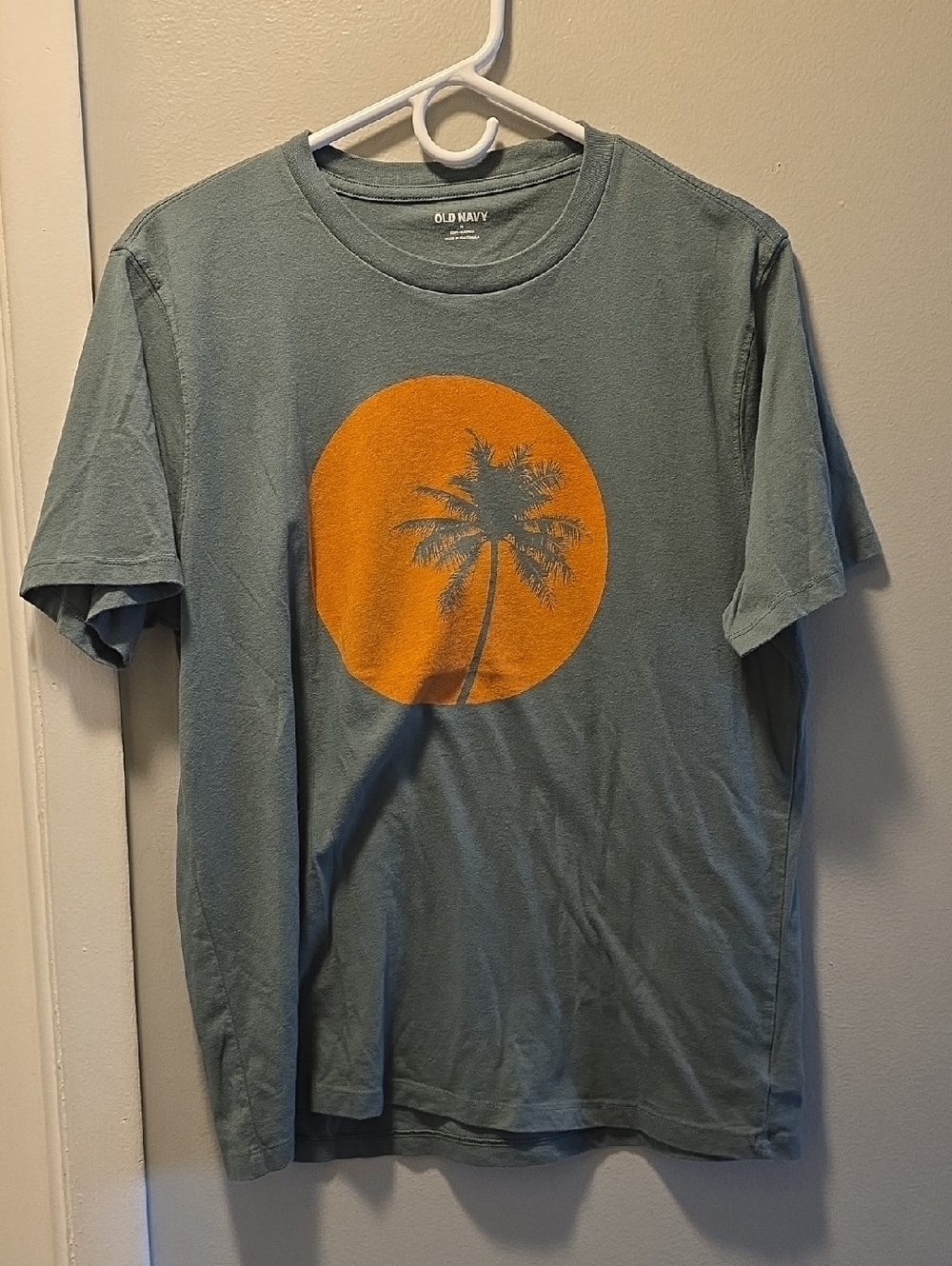Old Navy Men's Sage Green Tee with Orange Palm Graphic